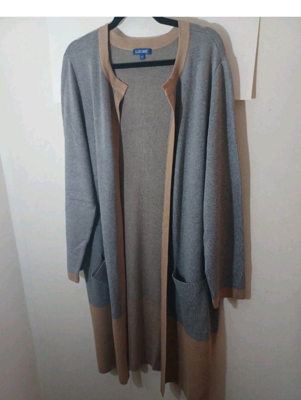 Liz and Me Grey and Tan Open Front Long Cardigan New 1X
